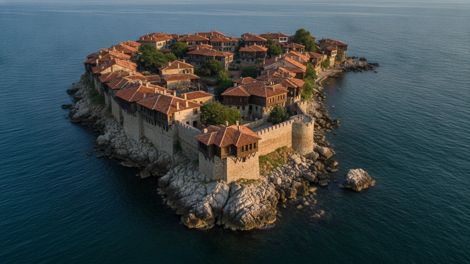 Staré město Sozopol na skalnatém poloostrově s dřevěnými domy nad Černým mořem