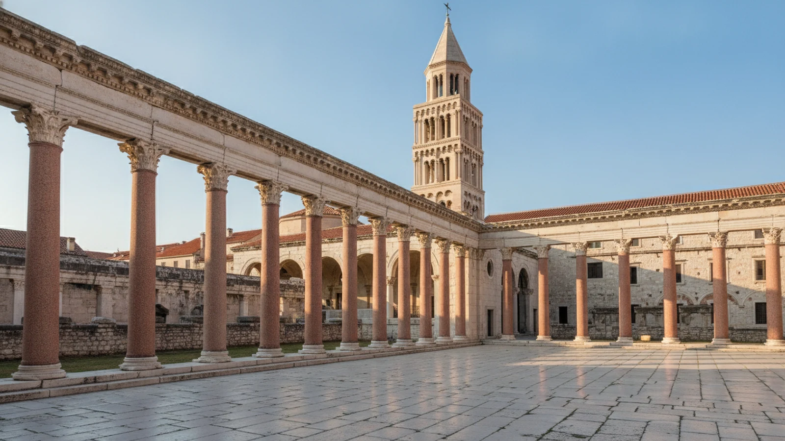 Peristyl Diokleciánova paláce ve Splitu s žulovými sloupy a zvonicí katedrály sv. Domnia