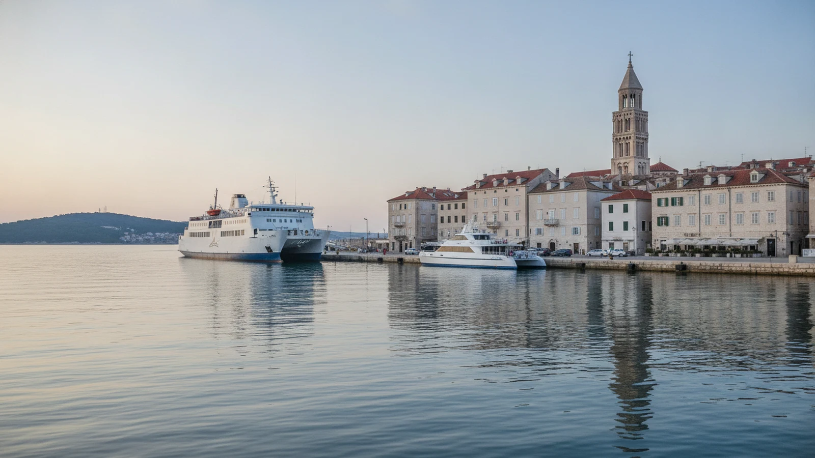 Splitský přístav s trajektem a katamaránem u kamenného mola, v pozadí zvonice katedrály v Diokleciánově paláci