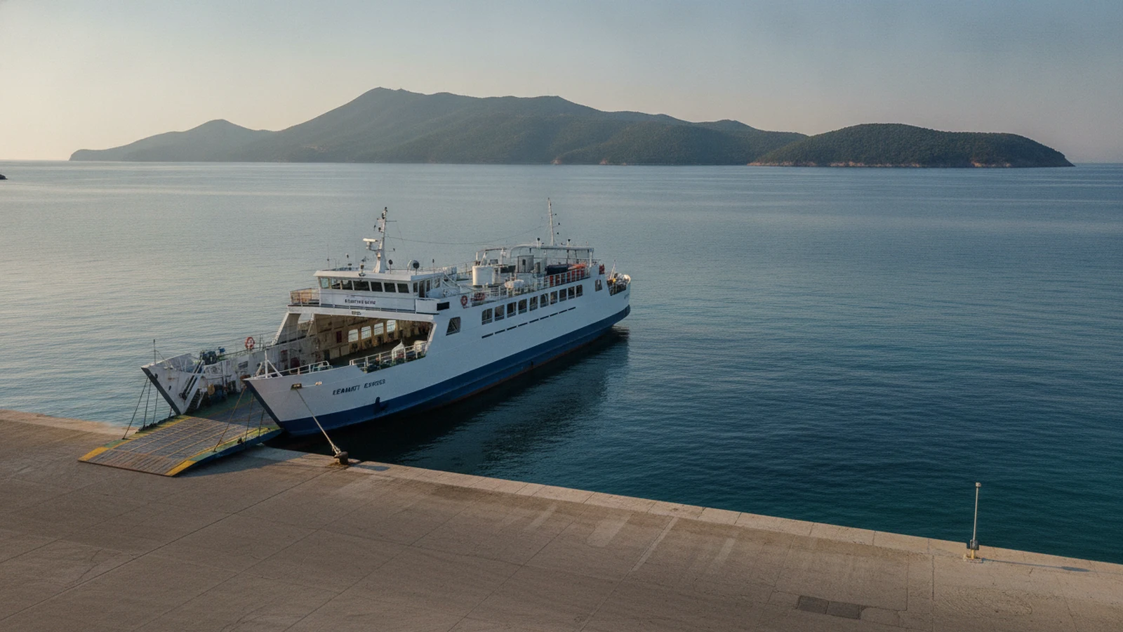 Trajekt u mola v přístavu Keramoti, v pozadí hornatý ostrov Thassos