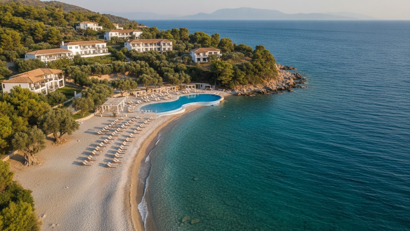Resort v uzavřené zátoce Agios Ioannis na jihovýchodě Thassosu s pláží, bazénem a zalesněnými kopci