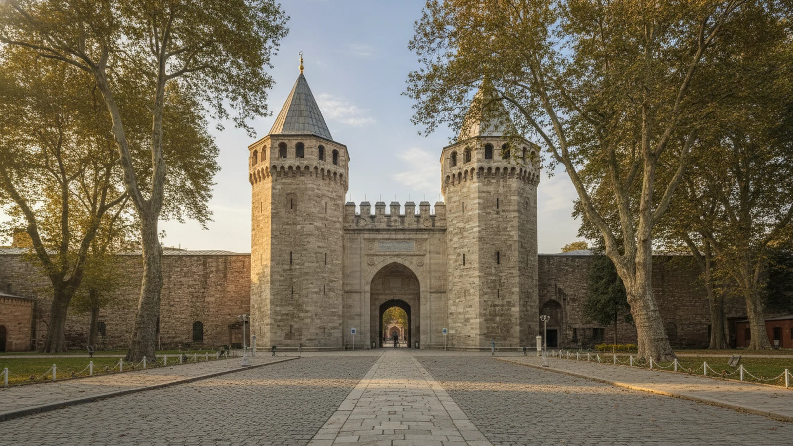Brána pozdravu se dvěma kamennými věžemi u vstupu do druhého nádvoří paláce Topkapı v Istanbulu