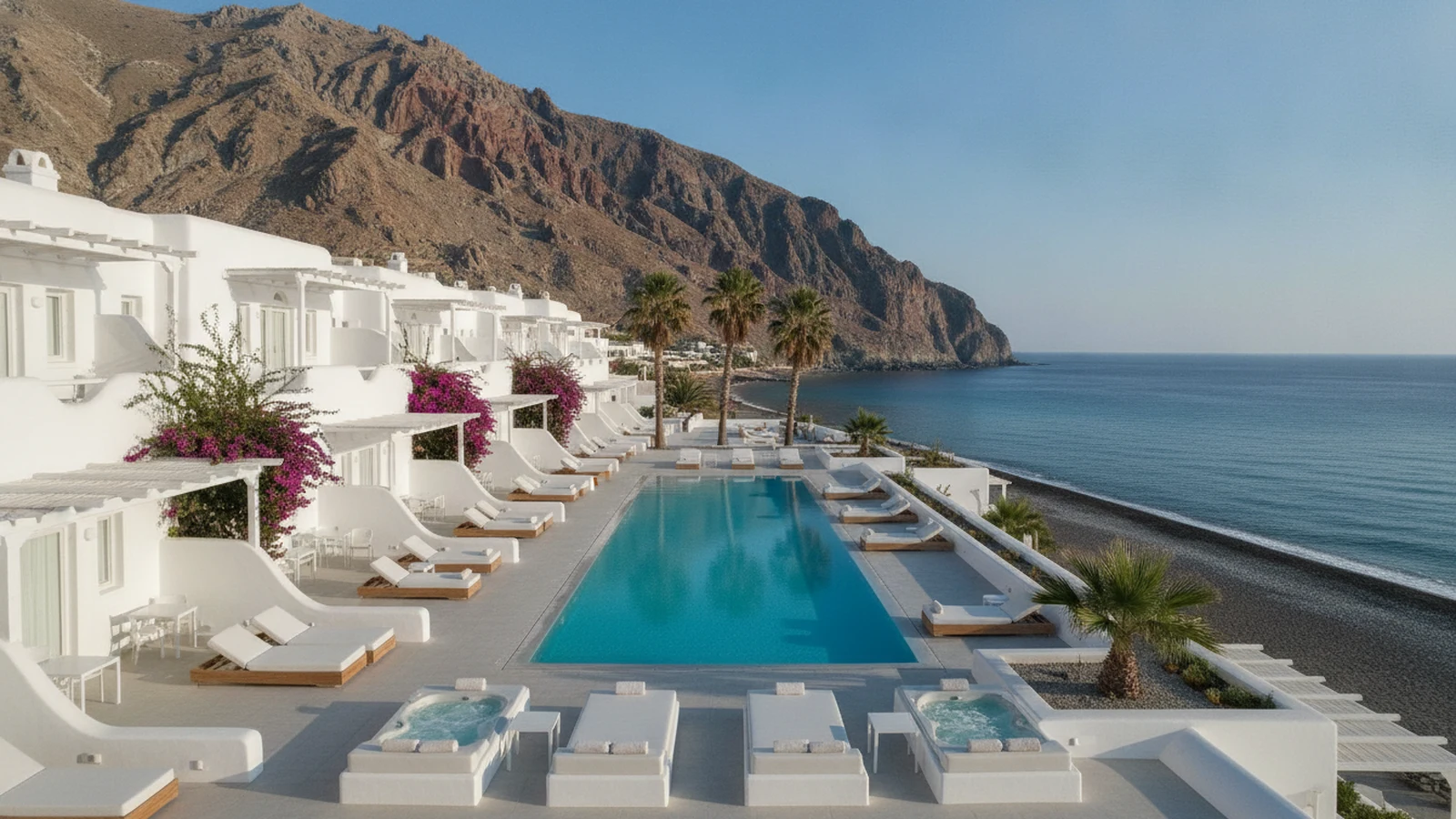Bazén a bílé budovy resortu pro dospělé v Perisse na Santorini pod masivem Mesa Vouno