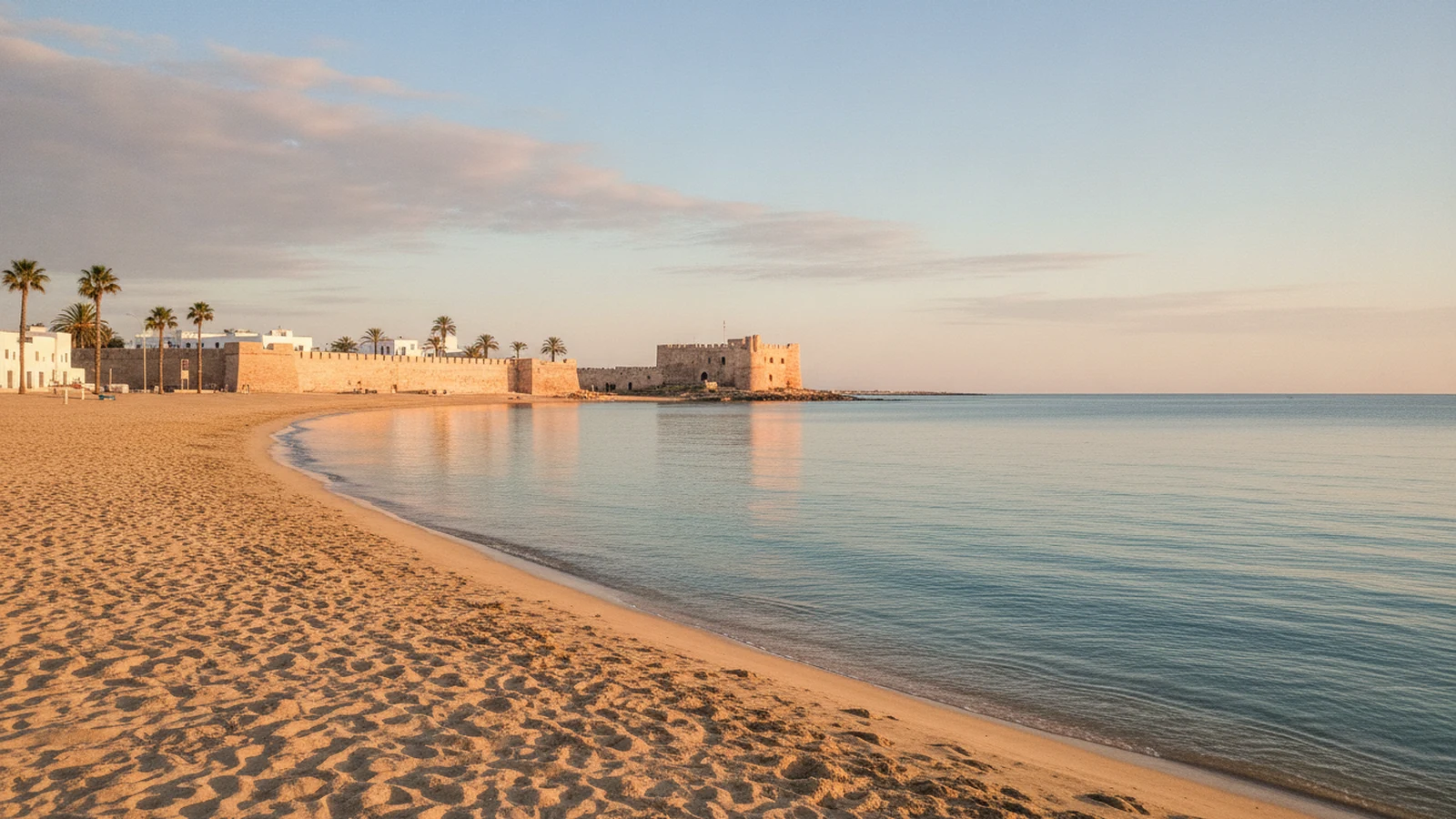 Písečná pláž v Hammametu s hradbami mediny a pevností v pozadí