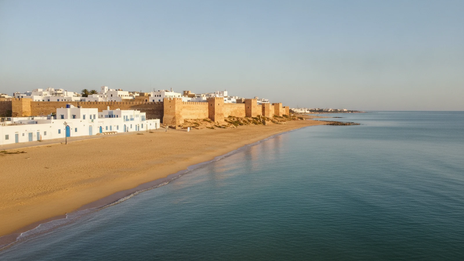 Medina v Hammametu s hradbami nad písečnou pláží a Středozemním mořem