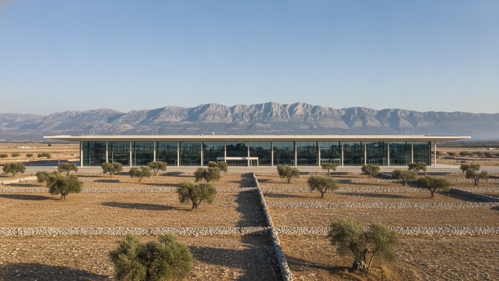 Terminál letiště Zadar u Zemuniku s krasovou plání a pohořím Velebit v pozadí