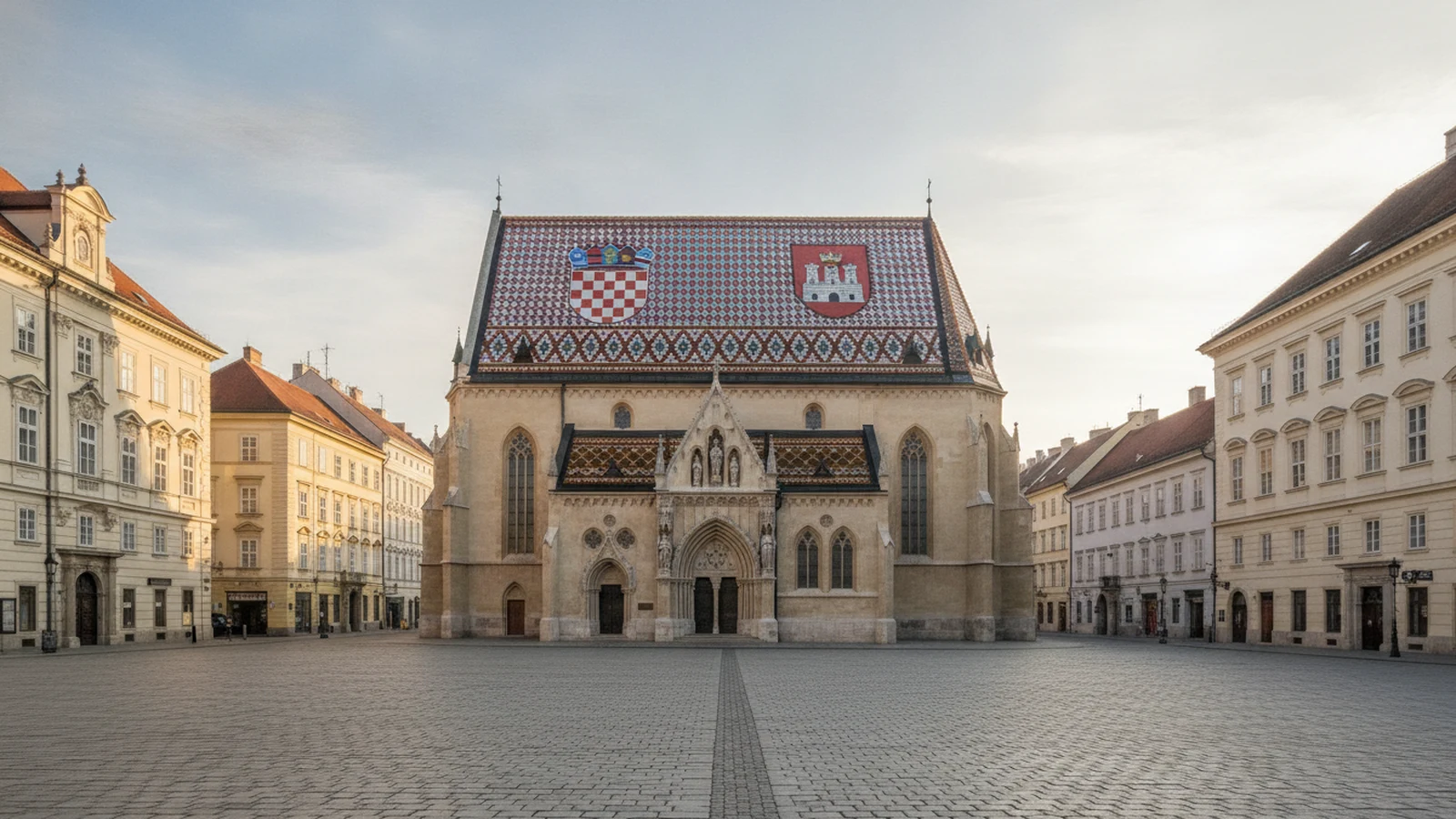 Kostel sv. Marka v Záhřebu s barevnou střechou z tašek s erby na Markově náměstí